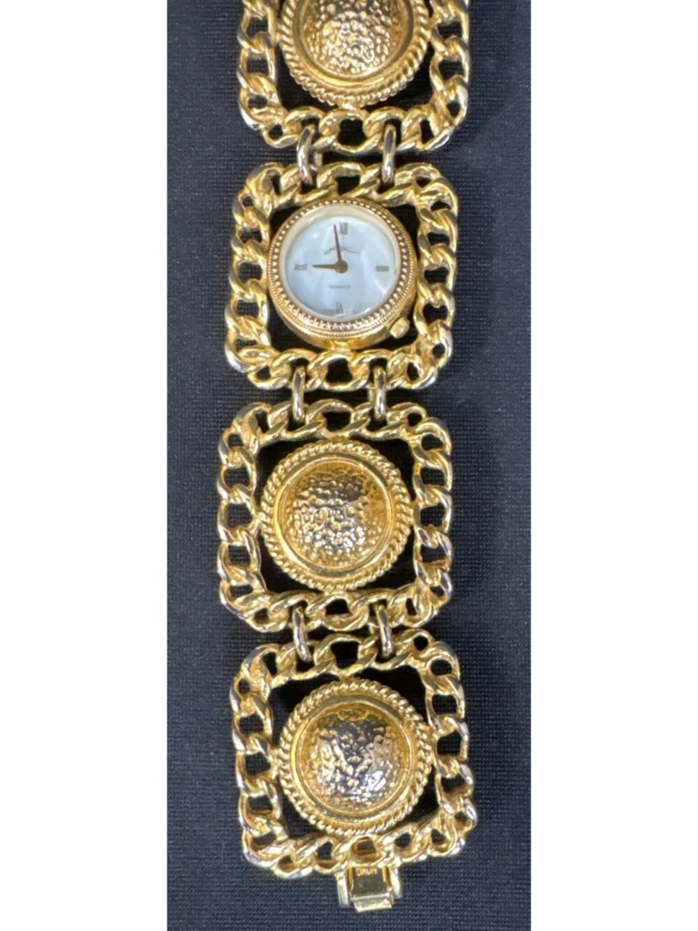 Vintage Gold-Tone Quartz Bracelet Watch With Textured Links & Roman Numeral Dial - Picture 4 of 9